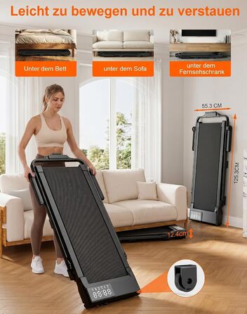 Складана бігова доріжка MJWW Raceable Walking Pad з нахилом 6-9%, 2.5/3.0 HP, керування через додаток, AI-тренування, LED-дисплей, для дому та офісу (чорний глянець, 95 см)