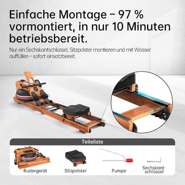 Гребний тренажер JASPORT R3 з дуба, Bluetooth LCD-дисплей, сумісний з Kinomap, 28 л, до 150 кг, ергономічне сидіння, регульований тримач для планшета
