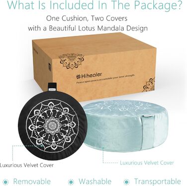 Подушка для медитації Hihealer з додатковим оксамитовим чохлом – велика традиційна подушка для медитації, килимок для йоги, Zafu наповнений лушпинням гречанки, для жінок (Синій & Чорний)