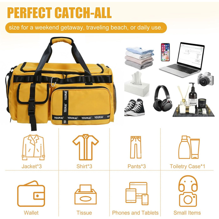 Спортивна сумка для подорожей 65Л з відділенням для взуття та вологих речей, велика сумка для залу, плавання та поїздок (Жовта)