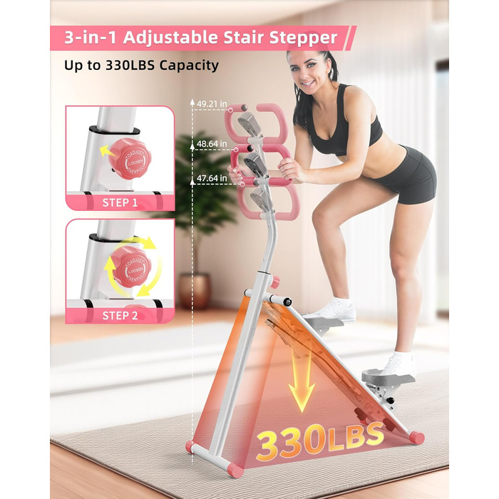 Вертикальний тренажер для кардіо, сходи для дому, вертикальний альпініст з ручкою для тренувань всього тіла, 3 регульовані висоти, LCD-дисплей, компактний та складаний, рожевий