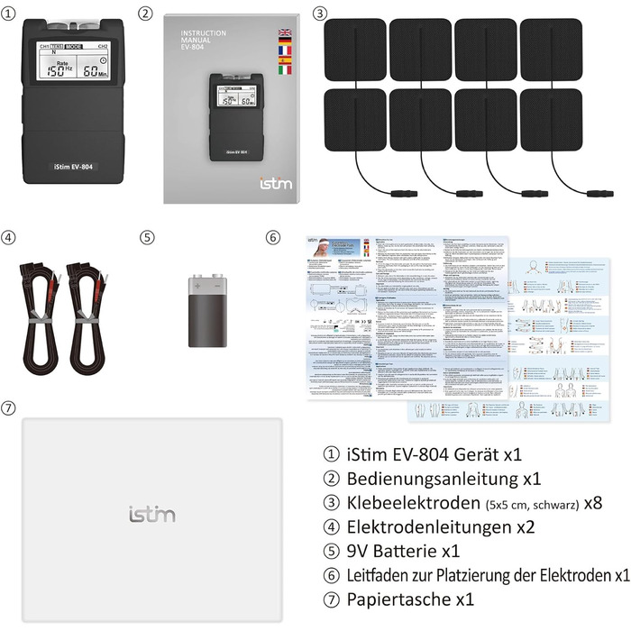 iStim EV-804 TENS/EMS: 2-канальний масажер для зняття болю та м'язової стимуляції – 24 програми, 7 режимів, 8 електродів, для спини, шиї, колін