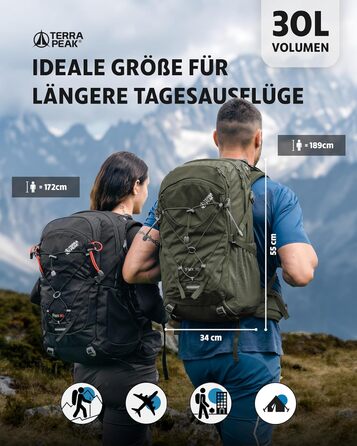 Туристичний рюкзак Terra Peak Flex 30L, з вентиляцією спини, дощовиком і кріпленням для питної системи, середній розмір, 3D Air Mesh, поясний ремінь, преміум якість