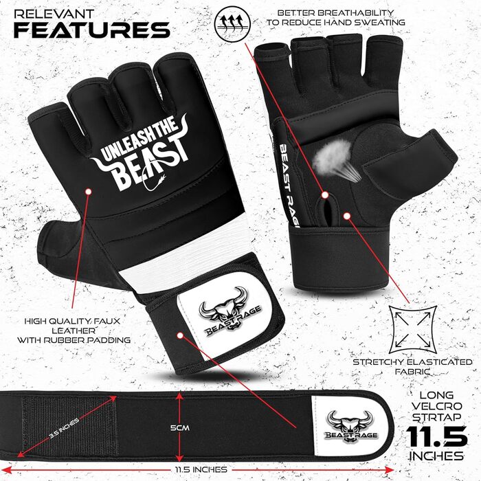 Боксерські рукавички BEAST RAGE для карате, кікбоксингу, тайського боксу та інших видів єдиноборств (XL, білий/чорний)