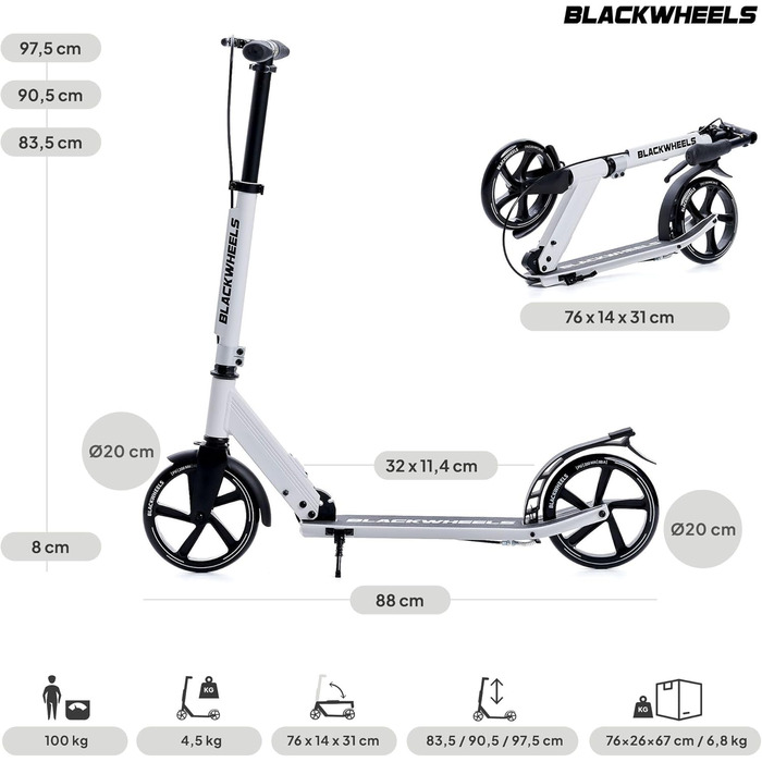 Самокат Blackwheels Orio Cityroller 200мм, складаний, білий - алюмінієвий, з регулюванням висоти, ABEC 7, для підлітків та дорослих