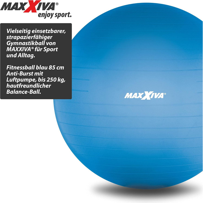 Фітбол MAXXIVA 85 см анти-вибуховий, з насосом, до 250 кг, синій, для йоги, пілатесу, реабілітації, фітнесу та домашніх тренувань