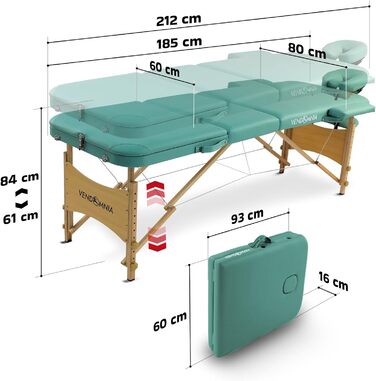 Масажний стіл VENDOMNIA з дерев'яними ніжками, 3 зони, регульована висота, включає подушку для голови, сумку, підлокітники, складаний, кольори в наявності