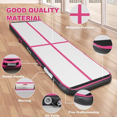 FBSPORT Airtrack Matte -Гімнастичний надувний мат, 600x100x20 см, чорний/рожевий