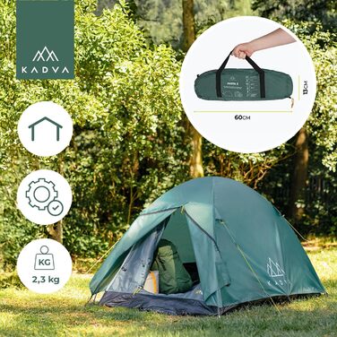 Намет KADVA для кемпінгу Festa 2, 200x120x105 см, на 2 особи, з москітною сіткою, водонепроникний, легкий, міцний, з каркасом з фібергласу, для кемпінгу та піших прогулянок, зелений