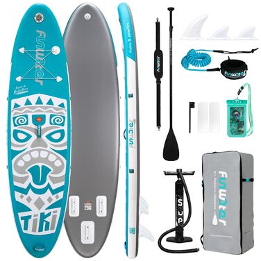 SUP дошка FunWater надувна 10'-11' з веслом та насосом, Eva-покриття, для 2-х осіб/сім'ї, блакитно-зелена