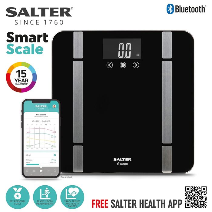 Bluetooth вага для ванної Salter SA00432FEU6, 200 кг, 8 користувачів, чорна, підключення до Salter Health App, контроль ваги та фітнесу
