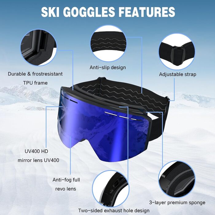 Скі-маска для чоловіків та жінок YH359, сноуборд маска для носіїв окулярів, OTG, захист від запотівання, UV-захист, антиковзаюча стрічка, повне REVO покриття (Чорний/Revo Blue-VLT 19%)