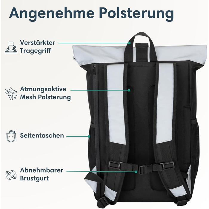 Жіночий рюкзак LARKSON Rolltop No 2, великий, чорний, з відбивачем, для школи, університету, велосипеда, відділення для ноутбука 16'', водостійкий, антикрадіжний, екологічний