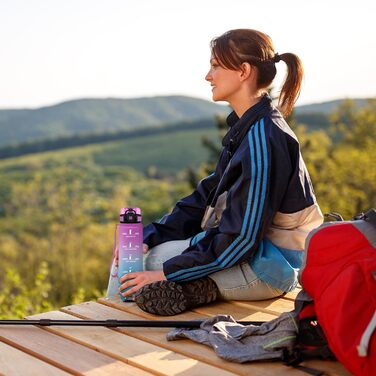 Спортивна пляшка 1л з маркуванням часу, фільтром, для води з газом, велосипеда, бігу, дорослих (1000 мл, Rosenfuchsien-cyan)
