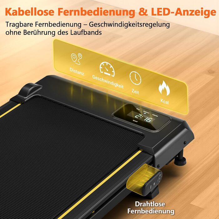 Walking Pad VANNECT - компактний біговий тренажер для дому з регулюванням нахилу, LED-дисплеєм та пультом керування. Максимальне навантаження 150 кг, потужність 2.75HP, жовтий. Без збирання.