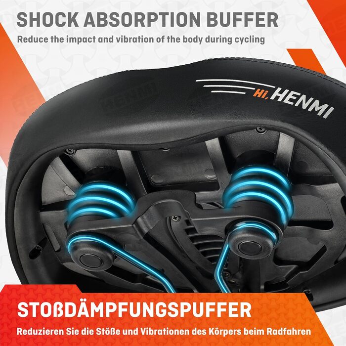 HENMI Велосипедне сідло з підвіскою, ергономічне, чорне, універсальне (Citybike, MTB, тренажер)