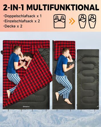 Спальний мішок KingCamp на 2 особи з фланелі, зимовий, для кемпінгу та відпочинку на природі, 3-4 сезони, з 2 подушками, підходить для дітей та дорослих (зелений)