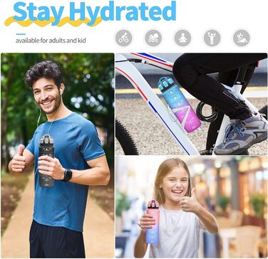 Дитяча спортивна пляшка для води 500 мл блакитно-лілова з мітками часу, Tritan, BPA Free, без витоку, для школи та спортзалу