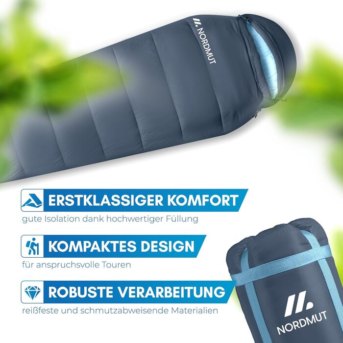Спальний мішок NORDMUT® для дорослих – компактний та ультралегкий (900/1500г) – на 3 сезони (250 GSM) & літній спальний мішок (100 GSM) – мумієвидний спальник для кемпінгу, відпочинку на природі та фестивалів. Колір: Marine.