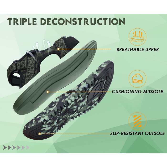 Чоловічі сандалі Oncaі Wandersandalen: ортопедичні трекінгові сандалі для відновлення, пляжу та спорту, зелений камуфляж, розмір 47 EU