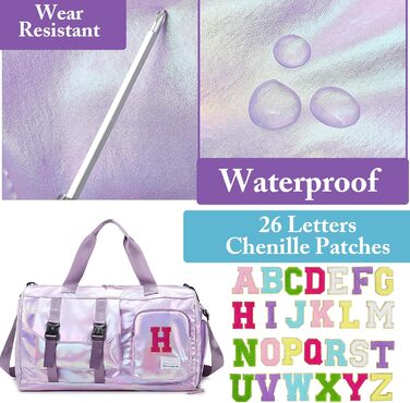 Спортивна сумка для фітнесу та подорожей для жінок і чоловіків з відділенням для взуття та вологих речей, універсальна сумка для залу та плавання + набір наклейок-літер Chenille (26 шт, сині)