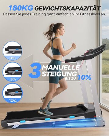 Бігова доріжка для дому складана 12 км/год з 12 програмами HIIT, двигун 3.5 к.с., регульований нахил, LED-дисплей, Bluetooth, додаток, до 180 кг, сріблясто-чорна