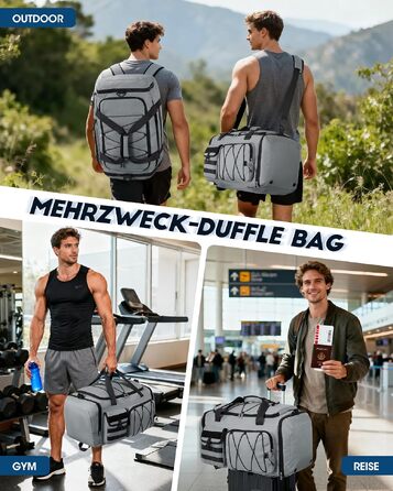 Спортивна сумка RAINSMORE 45L 3-в-1 для фітнесу та подорожей, водонепроникна дорожня сумка з відділенням для взуття та мокрих речей (Сіра)