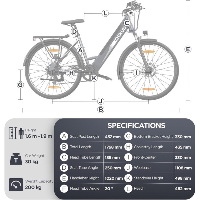 Електровелосипед Qekud 36В 12,5Аг, міський та гірський e-bike з LCD-дисплеєм, акумулятором Li-Ion, запас ходу до 100 км, EU-конформний, з додатком