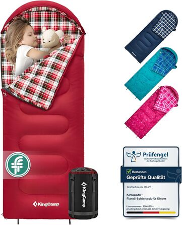 Сплячий мішок KingCamp для дітей з фланелі, легкий, водонепроникний, компактний, зимовий, 4 сезони, для кемпінгу, підходить для дітей до 140 см, комфортна температура: 7°C (червоний)