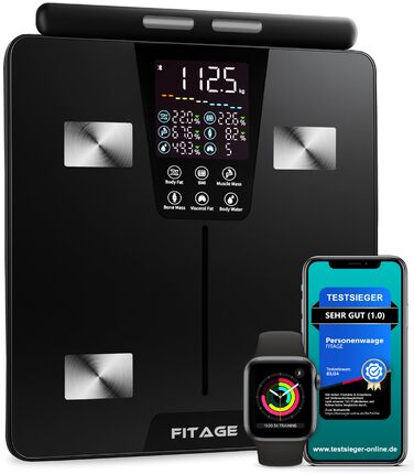 Цифрова вага-аналізатор тіла Testsieger 2025, вага до 225 кг, вимірювання жиру та м'язової маси (17 показників), аналіз тіла через додаток, великий LED-дисплей, білий колір (з ручкою)