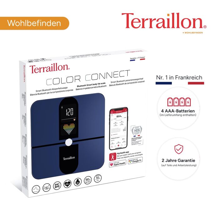 TERRAILLON COLOR CONNECT - Розумна вага з Bluetooth, вимірювання серцевого ритму, маси тіла: жир, м'язове, кісткове, BMI, ємність 180 кг, шкала 50 г, мультидисплей, колір блакитний
