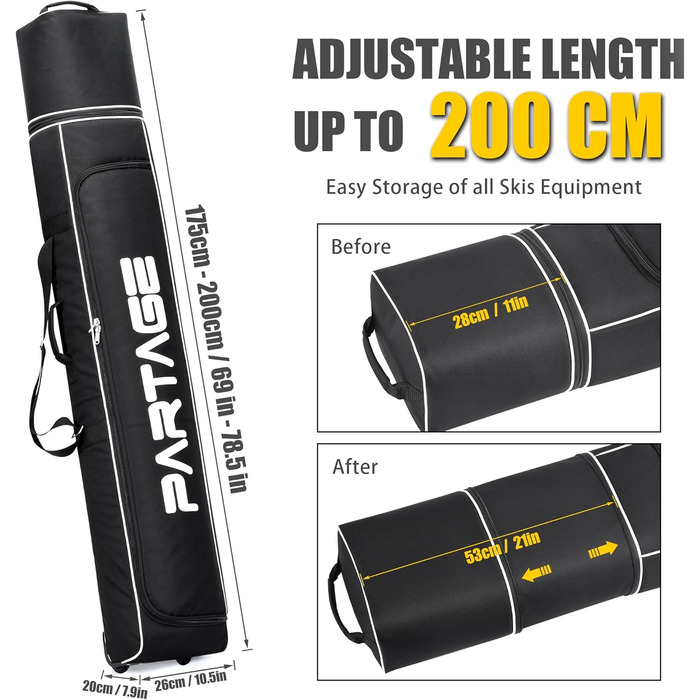 Сумка для лиж Partage з роликами, водонепроникна, міцна тканина Oxford 600D, регульована довжина до 200 см, зручна у зберіганні та транспортуванні, для чоловіків