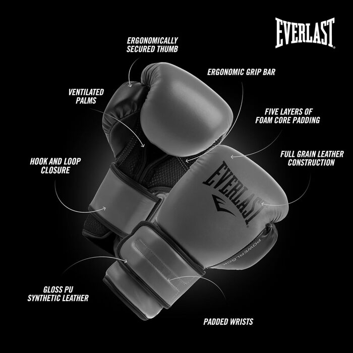 Боксерські рукавички Everlast Powerlock 2R, сірий, 12OZ (унісекс, дорослі)