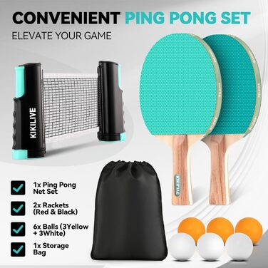 Набір для пінг-понгу для 2 гравців – 2 ракетки, сітка, 6 м'ячів – для гри в приміщенні та на вулиці, блакитний/зелений