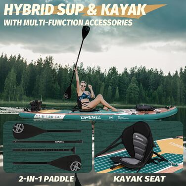 SUP-дошка Upwell 350x89 см, надувна, з сидінням, 2+1, для дорослих та підлітків, Sequoia Green - комплект з рюкзаком, веслом, лішем та помпою