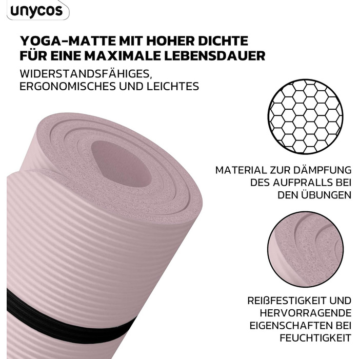 Гімнастичний килимок Unycos 183x60 см, NBR 15 мм, нековзкий, для йоги, пілатесу, фітнесу, з ременем та E-книгою, рожевий, нетоксичний