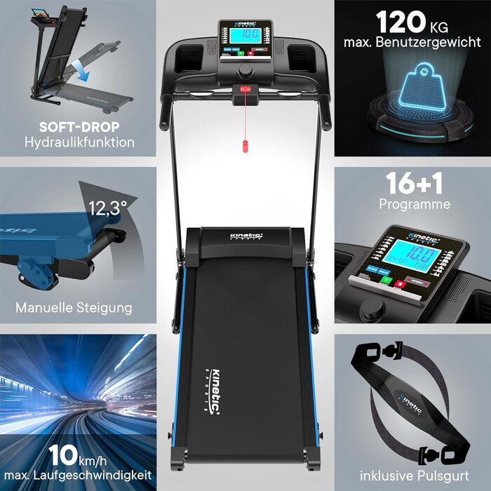 Бігова доріжка KINETIC SPORTS KST2900FX, 750 Вт, тиха, 40 см, 16+1 програм, ручний нахил, LCD, до 120 кг
