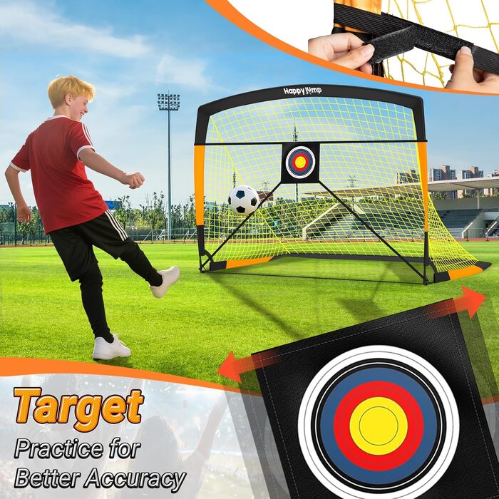 Ворота для футболу Happy Jump Pop-Up - складані для дітей та дорослих | 1 або 2 ворота: 120x90 / 152x110 / 213x152 см | З м'ячем, насосом, конусами та мішенню | Для саду та подарунка