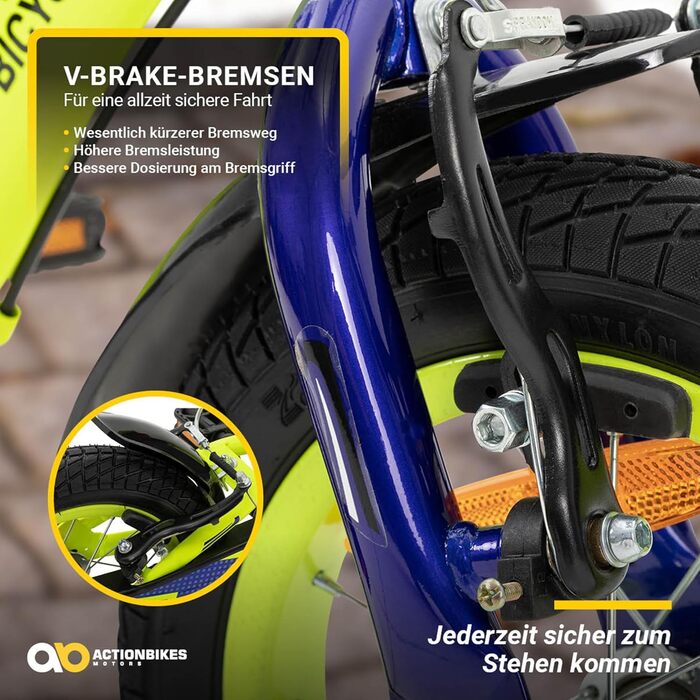 Детский велосипед Actionbikes Turbo 12/16 дюймов - V-Brake тормоза, защита от брызг, для детей 2-7 лет (для девочек и мальчиков)