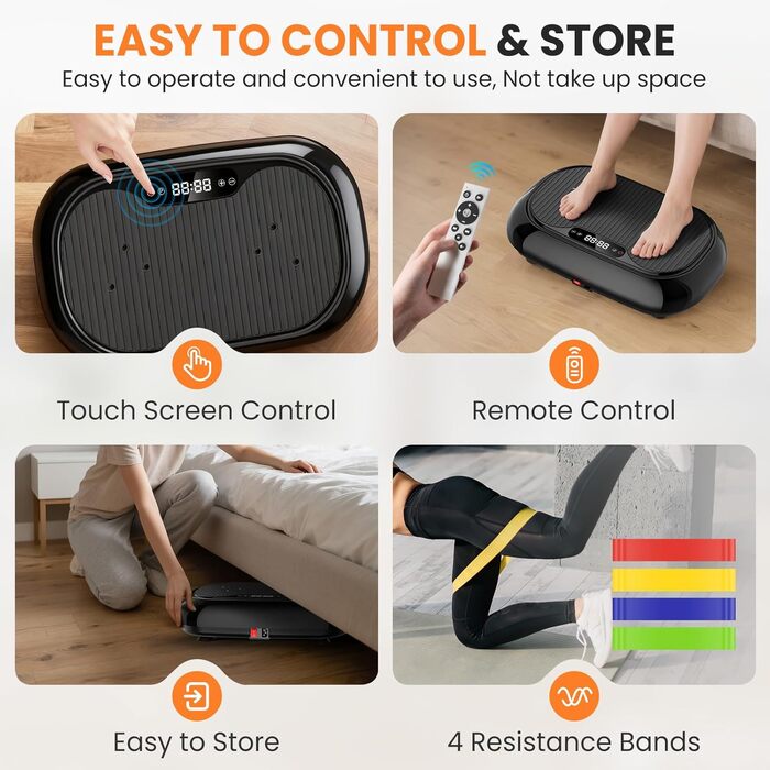 Вібраційна платформа для дому з 9 режимів, 120 рівнів інтенсивності, 4 еластичними стрічками, 150 кг, Bluetooth та пультом ДУ