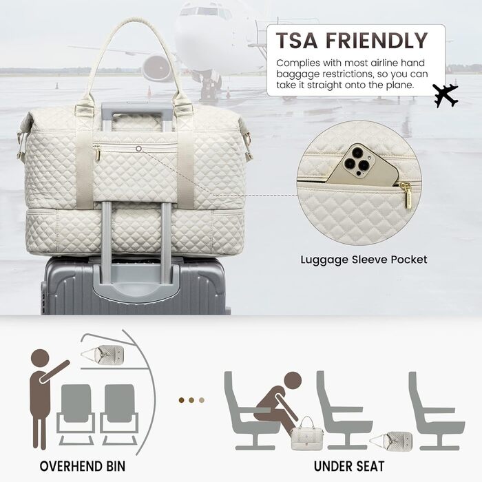 Спортивна сумка LOVEVOOK для жінок: велика дорожня сумка-мішок з косметичкою, відділенням для взуття та мокрих речей. Ідеальна для подорожей, клініки, пологів, вихідних. Водостійка сумка ручної поклажі для літака. 2 шт. Бежевий колір.