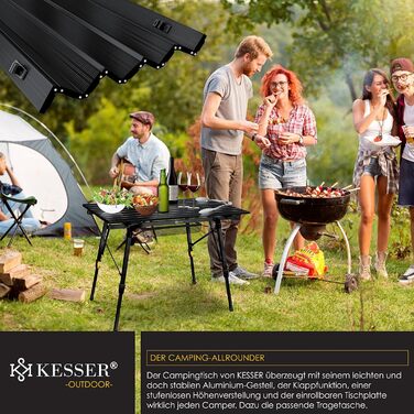 Кемпінговий стіл KESSER® розкладний, з алюмінієвим каркасом, регулювання висоти, 90x53 см, до 100 кг, чорний, з сумкою та сітчастою кишенею