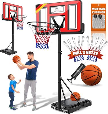 Баскетбольний кошик KESSER® Outdoor зі стійкою та колесами. В комплекті: 2 сітки, м'яч та насос. Регульована висота 230-305 см. Підходить для дітей та дорослих (червоний)