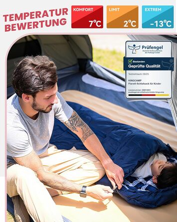 Спальний мішок дитячий KingCamp Flannel, 7°C, Navy, для дітей до 140 см, 4 сезони, водонепроникний, компактний