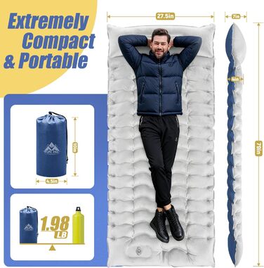 Надувний килимок для кемпінгу з подушкою, інтегрована підошва-насос, компактний, для туризму та подорожей (світло-сірий)