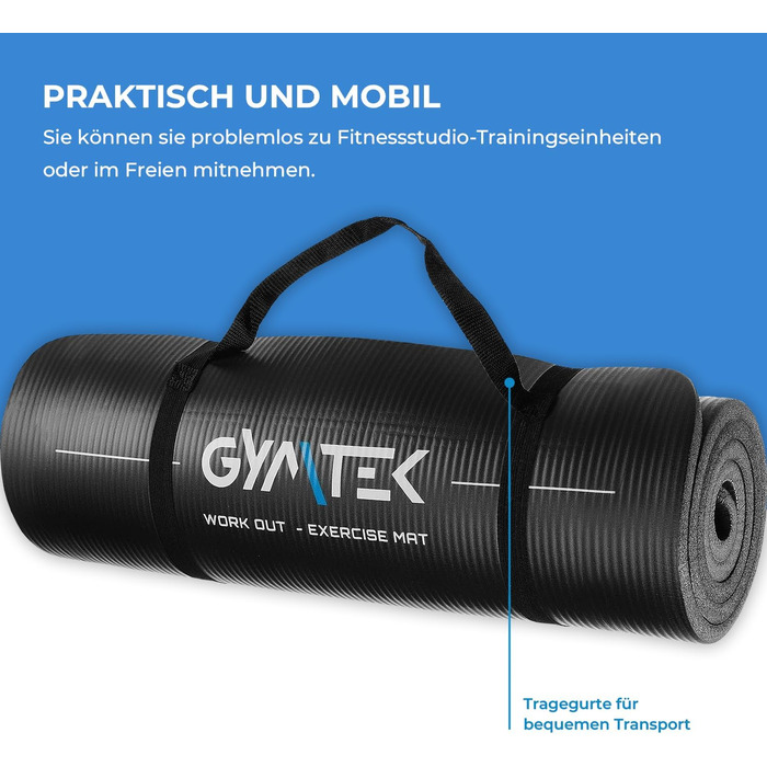 Фітнес-мат для йоги Gymtek 180x61 см, NBR 1,5 см, чорний, з ременями для перенесення, для пілатесу, аеробіки та гімнастики