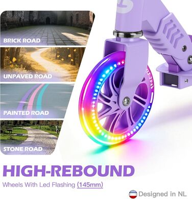 Самокат дитячий SUOTU з колесами 145 мм, до 100 кг, світлодіоди, складаний, регульована висота, для хлопчиків та дівчаток, алюмінієвий (Фіолетовий)
