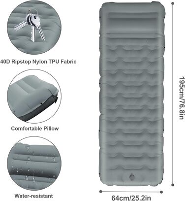 Ізомат FTSMTK самонадувна з помпою, 12 см товщина, для кемпінгу, ультралегка, компактна, надувна, спальний килимок для відпочинку на природі сірого кольору