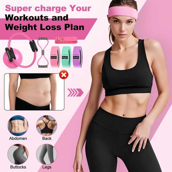 Набір для пілатесу: кільце, фітнес-гумка для стегон, стрічка для розтяжки, фітнес-постер (рожевий)
