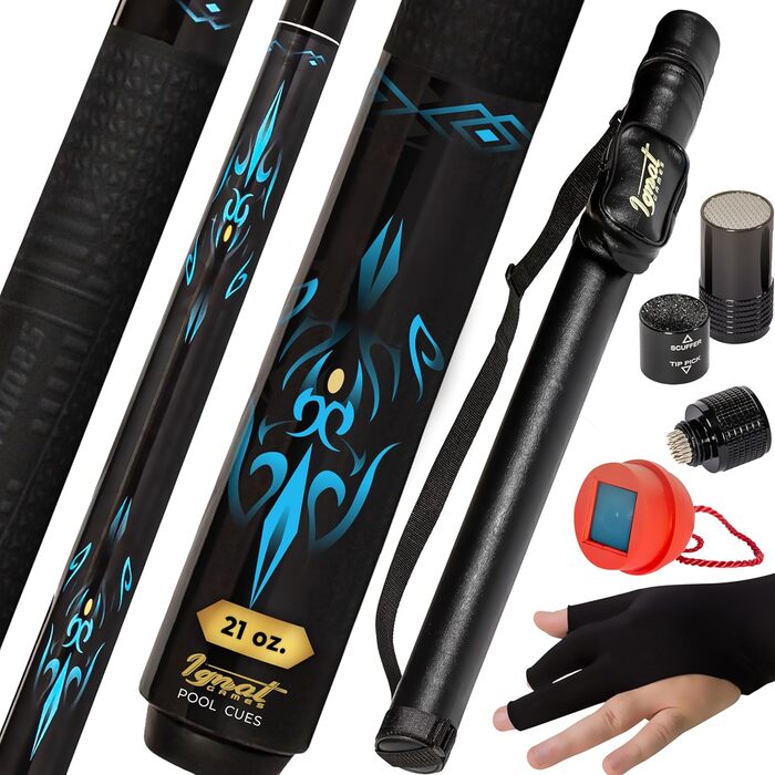 Більярдний кий IgnatGames 2 шт. - 18/19/20/21 oz. Канадійський клен, професійний, з кобурою, інструментом для наконечника, рукавичкою та крейдяльником. 21 oz. Blue